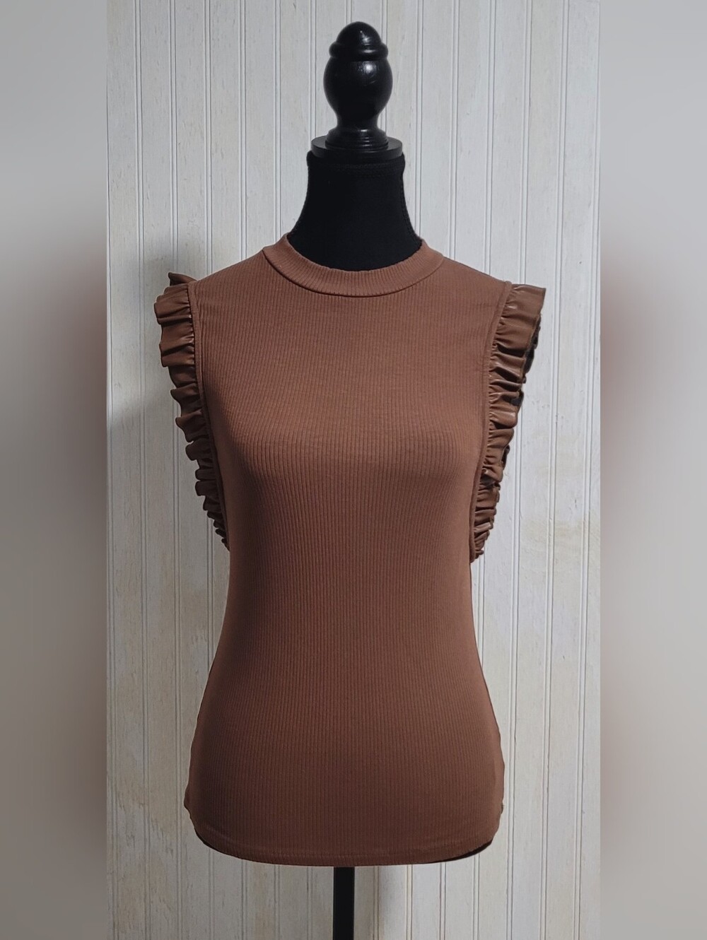 Sunday in Brooklyn Brown Faux Leather Ruffle Top ASO Today Show M